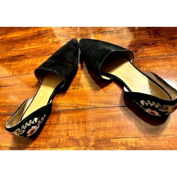 Franco Sarto Sanora Blk Suede Floral Embroidered DOrsay Flats Pointed Shoes 10M - Picture 5 of 7